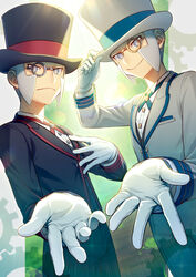  2boys black_headwear black_jacket brothers buttons closed_mouth collared_shirt commentary_request emmet_(pokemon) emmet_(special_costume)_(pokemon) gloves grey_eyes grey_hair hand_on_headwear hat highres ingo_(pokemon) ingo_(special_costume)_(pokemon) jacket long_sideburns long_sleeves looking_at_viewer male_focus minamo_(erkn7553) monocle multiple_boys neck_ribbon official_alternate_costume pokemon pokemon_masters_ex red_ribbon ribbon shirt short_hair siblings sideburns smile top_hat white_gloves white_shirt 