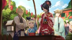  1boy 6+girls animal_ears arm_up artist_name black_hair black_kimono black_ribbon blonde_hair blue_kimono blurry blurry_background brown_hair cassandra_(dragalia_lost) character_request commentary crossed_arms curran_(dragalia_lost) depth_of_field dragalia_lost egasumi english_commentary floral_print flower glasses green_eyes green_hair hair_bun hair_flower hair_ornament hair_over_one_eye hair_ribbon hentaki japanese_clothes kimono lathna long_sleeves multiple_girls obi opaque_glasses outdoors own_hands_together palms_together pink_flower print_kimono purple_eyes rabbit_ears red_flower red_kimono ribbon round_eyewear sash single_hair_bun sleeves_past_fingers sleeves_past_wrists watermark web_address wide_sleeves 