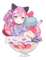  :q animal_ears bright_pupils cat_ears chibi commentary eyelashes fake_animal_ears female food fruit full_body hand_up highres ice_cream in_bowl in_container knees long_hair looking_at_viewer macaron mini_person minigirl original parfait pink_eyes pink_hair purple_footwear shoes side_ponytail simple_background sitting sneakers solo strawberry tokiwata_soul tongue tongue_out wafer_stick white_background white_pupils 