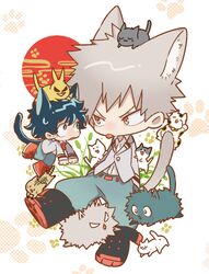  2boys :3 animal_ears bakugou_katsuki blazer blonde_hair boku_no_hero_academia cat_boy cat_ears cat_tail chibi chibi_only collared_shirt feline freckles green_hair green_pants jacket looking_at_another male_focus maneki-neko maneki-neko_(fujifuji) midoriya_izuku multiple_boys necktie pants paw_print red_eyes red_necktie school_uniform shirt spiked_hair sweatdrop tail tongue tongue_out u.a._school_uniform white_shirt 