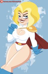  1girls busty cleavage codykins123 dc dc_comics dc_super_hero_girls female female_only fully_clothed huge_breasts kara_zor-l karen_starr kryptonian looking_at_viewer power_girl smug solo superman_(series) thighs 