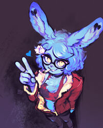  2023 accessory anthro bestfriendforever besty_(character) bird&#039;s-eye_view blue_body blue_fur blue_hair bra breasts chest_tuft clothed clothing digital_media_(artwork) eyewear female flower flower_in_hair fur gesture glasses hair hair_accessory hand_gesture heart_symbol hi_res high-angle_view jacket lagomorph leporid looking_at_viewer mammal nonbinary_(lore) open_clothing open_jacket open_topwear plant rabbit red_clothing red_jacket red_topwear simple_background smile smoking solo standing topwear tuft underwear v_sign yellow_eyes 