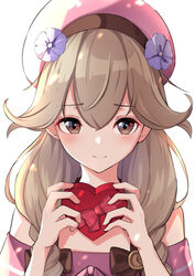  absurdres blonde_hair bow box braid brown_eyes closed_mouth faye_(fire_emblem) faye_(valentine)_(fire_emblem) female fire_emblem fire_emblem_echoes:_shadows_of_valentia fire_emblem_heroes gift gift_box hako_momiji hat heart-shaped_box highres holding long_hair simple_background smile solo twin_braids upper_body valentine white_background 