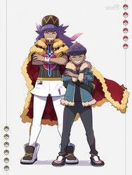  2boys aqua_jacket baseball_cap black_pants black_shirt brothers cape champion_uniform character_name clenched_teeth closed_eyes commentary_request crossed_arms dark-skinned_male dark_skin facial_hair floating_cape fur-trimmed_cape fur-trimmed_jacket fur_trim gloves hat highres hop_(pokemon) jacket leggings legs_apart leon_(pokemon) long_hair male_focus mayuzumi multiple_boys pants poke_ball_symbol pokemon pokemon_swsh purple_hair red_cape shirt shoes short_hair shorts siblings single_glove smile standing teeth white_legwear white_shorts white_wristband 