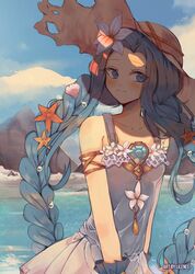  arm_strap artist_name beach blue_dress blue_eyes blue_hair blue_sky braid breasts brooch brown_hat closed_mouth cloud collarbone commentary cowboy_shot day dress female flower granblue_fantasy hair_flower hair_ornament hat highres jewelry light_particles lilinee long_hair looking_at_viewer lyria_(daughter_of_pearl)_(granblue_fantasy) lyria_(granblue_fantasy) mountain ocean official_alternate_costume outdoors pearl_hair_ornament pleated_dress shade shell_hair_ornament sky sleeveless sleeveless_dress small_breasts smile solo starfish_hair_ornament sun_hat swimsuit twin_braids very_long_hair waves wrist_cuffs 