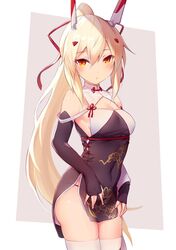  ayanami_(azur_lane) ayanami_(lunar_demon)_(azur_lane) azur_lane bare_shoulders blonde_hair blush breasts china_dress chinese_clothes commentary_request detached_sleeves dress elbow_gloves female gloves hair_between_eyes hair_ornament hair_ribbon headgear highres long_hair looking_at_viewer navel official_alternate_costume orange_eyes ponytail red_eyes red_ribbon retrofit_(azur_lane) ribbon shishikai sidelocks solo thighhighs very_long_hair white_thighhighs 