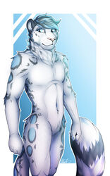  2019 3_toes anthro blue_eyes claws clyde_wolf digital_media_(artwork) featureless_crotch feet felid fingers fur hair hi_res leopard looking_at_viewer male mammal markings navel nude pantherine simple_background smile snow_leopard solo spots spotted_body spotted_fur toes white_body 