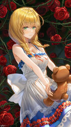  back_bow bare_arms bare_shoulders blonde_hair bow braid breasts cleavage cowboy_shot dress female floral_background flower frilled_dress frills green_eyes hair_over_shoulder highres holding holding_toy lace-trimmed_dress lace_trim long_hair looking_at_viewer majo_no_ie oohhya plant red_flower red_ribbon red_rose ribbon rose see-through sleeveless sleeveless_dress smile solo stuffed_animal stuffed_toy teddy_bear thorns toy twin_braids vines viola_(majo_no_ie) white_dress 