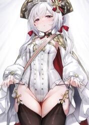  ass_visible_through_thighs azur_lane black_thighhighs blush breasts buttons coat commentary covered_navel cowboy_shot detached_sleeves double-breasted female flandre_(azur_lane) garter_straps groin hair_between_eyes half-closed_eyes hat highres kai_(ootamuno12) leotard long_hair long_sleeves low_twintails parted_lips purple_eyes red_ribbon ribbon simple_background small_breasts solo strapless strapless_leotard thick_thighs thighhighs thighs twintails white_background white_coat white_hair white_leotard 