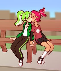  2019 aki_(woomyhiko) animal_humanoid blush cephalopod cephalopod_humanoid closed_eyes clothed clothing digital_media_(artwork) duo fully_clothed hand_holding humanoid inkling kissing male male/male marine marine_humanoid mollusk mollusk_humanoid nekuzx nintendo outside simon_(brunosky_inc.) splatoon 