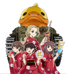  4girls ;d arrow_(projectile) ball bell bird blonde_hair brown_eyes brown_hair chinese_zodiac clenched_hand closed_mouth commentary_request cup duck emblem girls_und_panzer hagi_midori hagoita hair_pulled_back hairband hamaya hanetsuki headband holding holding_arrow holding_ball holding_cup isobe_noriko japanese_clothes kawanishi_shinobu kimono kondou_taeko long_hair long_sleeves looking_at_viewer medium_hair military military_vehicle motor_vehicle multiple_girls new_year obi one_eye_closed open_mouth outline paddle ponytail red_headband red_kimono sasaki_akebi sash short_hair short_ponytail simple_background smile standing tank type_89_i-gou volleyball volleyball_(object) white_background white_hairband white_outline wide_sleeves year_of_the_rooster 