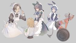  5girls animal_ears apron black_hair blonde_hair blue_eyes breasts brown_hair character_request chiye_lu_dan cloud_horizon colored_skin copyright_request crop_top demon_girl demon_horns demon_tail drawing glasses grey_hair heibai_meimeng highres holding homesick_duo horns idconnect+ lily_linglan longmei m67box maid maid_apron maid_headdress multiple_girls painting_(action) pointy_ears rabbit_ears rabbit_girl red_skin tail thighs virtual_youtuber weights yellow_eyes 