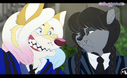  2023 anthro canid canine canis clenched_teeth clothed clothing domestic_cat duo ears_up enid_sinclair eye_contact fangs felid feline felis female frown fur half-closed_eyes hi_res looking_at_another mammal mistyrainbowfleece narrowed_eyes netflix school_uniform signature smile teeth the_addams_family twintails uniform vhs_filter wednesday_(series) wednesday_addams wide_eyed wolf 