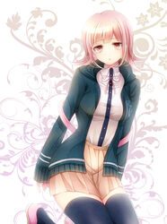  arms_at_sides backpack bag black_jacket black_shirt black_thighhighs blunt_bangs breasts brown_skirt collared_shirt commentary_request danganronpa_(series) danganronpa_2:_goodbye_despair dress_shirt female flipped_hair hair_ornament hood hoodie jacket koyoka large_breasts long_sleeves looking_at_viewer medium_hair miniskirt nanami_chiaki neck_ribbon pink_eyes pink_footwear pink_hair pink_ribbon pleated_skirt ribbon shirt shirt_tucked_in short_hair skirt smile solo thighhighs two-tone_shirt white_shirt zettai_ryouiki 