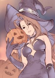  breasts brown_hair choker deneb_rove dress female food gloves halloween hat hat_belt highres holding holding_food holding_pumpkin holding_vegetable jack-o&#039;-lantern kotatsu_(g-rough) long_hair looking_at_viewer medium_breasts parted_lips pumpkin purple_choker purple_dress purple_gloves purple_hat smile solo tactics_ogre upper_body vegetable witch_hat 