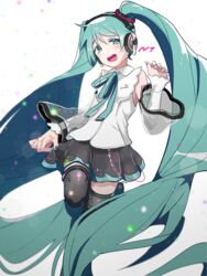  absurdly_long_hair aqua_eyes aqua_hair aqua_nails aqua_ribbon bad_id bad_pixiv_id bare_shoulders black_skirt black_thighhighs commentary detached_sleeves feet_out_of_frame female hair_ornament half-closed_eyes hand_up hatsune_miku hatsune_miku_(nt) headphones leg_up long_hair machigami_yoh miniskirt nail_polish neck_ribbon open_mouth piano_print piapro pleated_skirt ribbon see-through see-through_sleeves shirt shoulder_tattoo skirt smile solo tattoo thighhighs twintails very_long_hair vocaloid white_background white_shirt zettai_ryouiki 