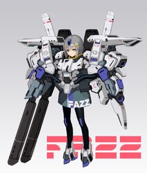  armor beam_cannon coat fazz_(gundam) female full_body green_eyes grey_background grey_hair gundam gundam_sentinel hands_in_pockets humanization looking_at_viewer mecha_musume nakamura_eight short_hair solo thrusters tube 