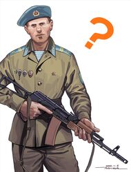  1boy 2020 ? ak-74 aks-74 assault_rifle badge belt black_eyes blue_hat blue_shirt brown_hair brown_jacket brown_pants buttoned_cuffs buttons closed_mouth collar_tabs collared_jacket commentary cowboy_shot dated epaulettes fatigues fingernails folding_stock gun gun_sling hat hat_ornament head_tilt holding holding_gun holding_weapon horikou insignia jacket kalashnikov_rifle long_sleeves looking_at_viewer male_focus military military_jacket military_uniform original pants parody patch realistic red_star rifle sailor sailor_hat shirt shoulder_boards shoulder_patch signature simple_background soldier solo soviet soviet_air_force standing star_(symbol) star_hat_ornament striped_clothes striped_shirt telnyashka trigger_discipline two-tone_shirt undershirt uniform unit_patch vdv weapon white_background white_shirt 