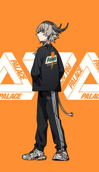  absurdres arknights black_jacket black_pants closed_mouth commentary cow_horns english_commentary female from_side full_body green_eyes grey_hair hands_in_pockets highres horns jacket logo long_sleeves looking_back neonfloyd orange_background palace_(brand) pallas_(arknights) pants shoes short_hair_with_long_locks sneakers solo standing tail track_jacket track_pants track_suit twisted_torso white_footwear 