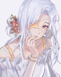  artist_name bad_id bad_tumblr_id bandage_on_face bandages bandaid bandaid_on_cheek bandaid_on_face blue_eyes bra bra_strap bracelet camellia clivenzu closed_mouth collarbone commentary dress english_commentary eyebrows eyepatch female fingernails flower frilled_shirt frills grey_background hair_flower hair_intakes hair_ornament hand_on_own_face hand_up head_tilt jewelry leaf light_smile lips long_hair looking_at_viewer one_eye_covered original purple_eyes red_flower revision ring shirt simple_background smile solo star_(clivenzu) star_(symbol) star_eyepatch underwear upper_body white_background white_dress white_hair white_shirt yellow_bra 