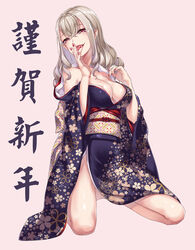  absurdres blush breasts cleavage collarbone fangs female floral_print grey_hair highres japanese_clothes kimono kneeling kumo_desu_ga_nani_ka? large_breasts licking licking_finger nail_polish new_year off_shoulder pink_nails pointy_ears purple_kimono saliva solo sophia_keren_(kumo_desu_ga_nani_ka?) yutsuki_ryou 