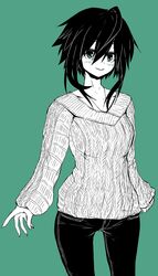  ahoge black_hair black_pants commentary_request denim female green_background green_eyes highres jeans limited_palette looking_at_viewer musuko_ga_kawaikute_shikatanai_mazoku_no_hahaoya nishimura_chiharu pants sidelocks simple_background smile solo sweater white_sweater zyugoya 