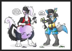  anthro black_border border canid canine canis danwolf15 danwolf_(character) duo english_text generation_4_pokemon generation_6_pokemon goodra hi_res lucario male male/male mammal mephitid nintendo pokemon pokemon_(species) skunk species_transformation tail text transformation transformation_through_technology unaware unaware_transformation virtual_reality wolf 