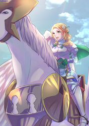  armor blonde_hair breastplate breasts closed_mouth day female fire_emblem fire_emblem:_three_houses flying fur_collar green_eyes highres ingrid_brandl_galatea long_sleeves looking_at_viewer outdoors pegasus riding riou_(pooh920) short_hair sky smile solo 