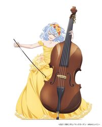  alternate_costume anya_dostoyevskaya aria_(manga) bare_shoulders bow_(music) closed_eyes commentary_request copyright_name copyright_notice dated double_bass dress female flower full_body grey_hair hair_flower hair_ornament highres holding holding_instrument instrument medium_hair music off-shoulder_dress off_shoulder official_art open_mouth playing_instrument simple_background solo standing white_background yellow_dress 