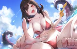  azur_lane bare_shoulders barefoot bikini bird black_hair blue_sky breasts chick cloud commentary_request female foot_out_of_frame highres holding holding_water_gun kai_(ootamuno12) large_breasts manjuu_(azur_lane) medium_hair navel official_alternate_costume one_eye_closed open_mouth outdoors red_bikini red_eyes revision royal_fortune_(azur_lane) royal_fortune_(eyes_on_the_prize)_(azur_lane) sharp_teeth sky smile stomach suction_cups swimsuit teeth tentacle tentacle_hair toe_scrunch toenails toes water water_gun 