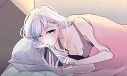  bed blanket blue_eyes blush breasts cellphone chinese_commentary cleavage collarbone commentary_request demon_girl demon_horns female horns idconnect+ looking_at_phone looking_down lying mole mole_under_eye on_bed on_side phone pillow pointy_ears quilt rerei rerei_(artist) smartphone tank_top under_covers virtual_youtuber white_hair 