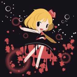  :d ascot black_background black_shirt black_skirt blonde_hair bow chibi cobalta dripping female hairbow long_sleeves neck_bobbles oerba_yun_fang one_side_up open_mouth outstretched_arms red_ascot rumia shirt short_hair skirt smile solid_oval_eyes touhou white_shirt 