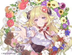  ahoge album_cover animal_ears bare_shoulders berry blonde_hair blue_eyes blue_flower blush breasts brown_corset camellia cherico company_name copyright_notice corset cotton_(plant) cover daisy dandelion dandelion_clock dress female flower food fruit gentiana_(flower) grapes hair_ornament harp highres hololive horns instrument long_hair looking_at_viewer medium_breasts morning_glory musical_note neck_ribbon pinecone pink_flower purple_flower reaching reaching_towards_viewer red_flower red_tulip ribbon sheep_ears sheep_girl sheep_horns smile solo staff_(music) strawberry tsunomaki_watame tulip very_long_hair virtual_youtuber white_flower willow wrist_cuffs yellow_flower 