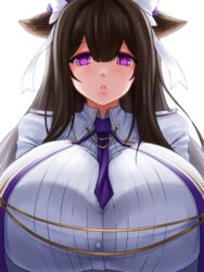  animal_ears azur_lane breasts bright_pupils brown_hair cow_ears cow_girl female hair_ribbon huge_breasts kashino_(azur_lane) lips long_hair military military_uniform necktie parted_lips purple_eyes ribbon solo suzuki_sakura uniform upper_body white_background 