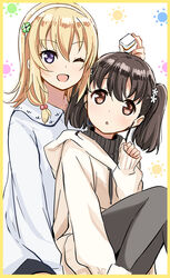  2girls :o ;d abe_kanari black_hair black_legwear blonde_hair brown_eyes clover_hair_ornament flower four-leaf_clover_hair_ornament hair_bobbles hair_flower hair_ornament hairband high_school_fleet highres holding hood hoodie mahjong mahjong_tile medium_hair multiple_girls one_eye_closed open_mouth pantyhose purple_eyes ribbed_sweater shiretoko_rin smile sweater twintails wakasa_reo white_hairband 