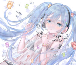  arm_tattoo bikini blue_eyes blue_hair bubble candy candy_hair_ornament commentary eyelashes female food food-themed_hair_ornament frilled_shirt frills gummy_bear hair_ornament hatsune_miku headphones highres holding holding_food jelly_bean leaning_back long_hair looking_at_viewer powa_(36iii) see-through see-through_shirt shirt signature simple_background sleeveless sleeveless_shirt solo swimsuit tattoo twintails upper_body vocaloid white_background white_bikini 