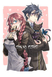  1boy 1other apron bag bell black_cat black_hair black_jacket black_sweater blue_eyes blush bow braid breasts carrying celine_(sen_no_kiseki) collar copyright_name covering_own_mouth cowboy_shot crescent_moon crossed_arms denim earrings eiyuu_densetsu emma_millstein feline female glasses hair_between_eyes irise_ryouji jacket jeans jewelry long_hair looking_at_another medium_breasts moon neck_bell pants paper_bag pink_background purple_eyes purple_hair rean_schwarzer ribbed_sweater sen_no_kiseki shirt short_hair simple_background spiked_hair star_(symbol) sweater tail tail_bow tail_ornament turtleneck turtleneck_sweater zipper 