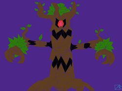  1_eye 4:3 ambiguous_gender blazeing_crab elemental_creature flora_fauna generation_6_pokemon ghost hi_res nintendo open_mouth plant pokemon pokemon_(species) red_eyes simple_background solo spirit tree trevenant wood 