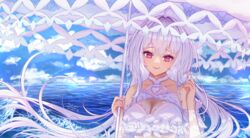  absurdres ahoge artist_name bare_shoulders bikini blue_sky blush breasts cleavage collarbone dated day eeyoosekedooaat fate/grand_order fate_(series) female grey_hair head_tilt highres lady_avalon_(fate) lady_avalon_(second_ascension)_(fate) looking_at_viewer merlin_(fate/prototype) ocean outdoors pink_eyes sky smile solo swimsuit twirling_hair umbrella white_bikini 