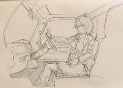  ahoge breasts car_interior closed_mouth dagashi_kashi female glasses highres jacket kotoyama looking_at_viewer medium_hair monochrome owari_hajime solo 