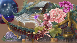  architecture arm_up bald_eagle bandaged_arm bandaged_leg bandages big_dipper bird black_footwear book brazier chains chinese_peony choko_(cup) commentary constellation cuffs cup double_bun dragon eagle east_asian_architecture eastern_dragon female flaming_skull flower goingtobemad green_skirt hair_between_eyes hair_bun highres hydrangea ibaraki_kasen indian_style looking_to_the_side masu night night_sky parted_lips peony_(flower) photoshop_(medium) pink_eyes pink_flower pink_hair pink_rose puffy_short_sleeves puffy_sleeves purple_flower purple_rose reflection reflective_floor rose round_window shackles shirt short_hair short_sleeves sideways_mouth sitting skirt sky solo tabard table teapot touhou white_shirt window 