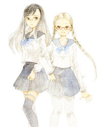  2girls black_hair black_legwear blue_bow bow braid brown_eyes commentary_request fujita_yuuya glasses juusan_kihei_bouei_ken kisaragi_tomi locked_arms long_hair long_sleeves looking_at_viewer multiple_girls pantyhose red-framed_eyewear school_uniform serafuku sidelocks standing thighhighs twintails very_long_hair white_background white_legwear yakushiji_megumi 