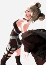  asimo_(hakurei10201) bare_shoulders breasts choker commentary_request commission double_bun female girls&#039;_frontline hair_bun light_brown_hair looking_at_viewer medium_breasts p90_(girls&#039;_frontline) red_eyes skeb_commission smile solo 