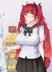  arm_behind_back azur_lane black_ribbon black_sailor_collar black_skirt blush box breasts closed_mouth commander_(azur_lane) commentary_request female gift gift_box hair_ribbon heart heart-shaped_box highres honolulu_(azur_lane) honolulu_(umbrella_girl)_(azur_lane) irohara large_breasts looking_to_the_side manjuu_(azur_lane) official_alternate_costume out_of_frame photoshop_(medium) pleated_skirt red_eyes red_hair ribbon sailor_collar school_uniform serafuku shirt shirt_tug short_sleeves skirt twintails valentine white_shirt 