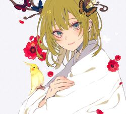  1boy androgynous bad_id bad_twitter_id bird blue_eyes bug butterfly closed_mouth cockatiel commentary_request enkidu_(fate) fate/strange_fake fate_(series) fingernails flower from_side green_hair highres looking_at_viewer looking_to_the_side male_focus red_flower robe satsuki_(miicat) smile solo white_robe 