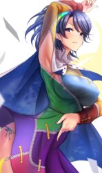  akehi_yuki arm_up armpits bag blue_eyes blue_hair blue_panties breasts cape closed_mouth commentary covered_nipples cowboy_shot dress female hairband index_finger_raised large_breasts long_sleeves looking_at_viewer multicolored_clothes multicolored_dress multicolored_hairband panties pointing pointing_down pointing_up short_hair simple_background sky_print solo standing tenkyuu_chimata touhou underwear white_background white_cape zipper zipper_pull_tab 