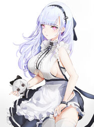  absurdres anchor_choker anchor_necklace apron azur_lane bare_shoulders black_hairband breasts center_frills choker clothing_cutout commentary_request dido_(azur_lane) doll earrings female frilled_apron frilled_choker frills hairband heart heart_earrings highres holding holding_doll jewelry lace-trimmed_hairband lace_trim large_breasts lielac long_hair maid maid_apron necklace photoshop_(medium) pink_eyes shirt sideboob sleeveless sleeveless_shirt solo standing thighhighs thighs underboob underboob_cutout waist_apron white_apron white_hair 