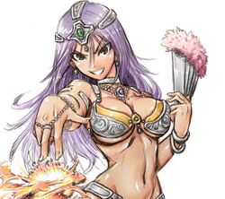  amania_orz bikini bracelet breasts choker circlet dancer&#039;s_costume_(dq) dark-skinned_female dark_skin dragon_quest dragon_quest_iv earrings female fire forehead_jewel gem green_gemstone jewelry large_breasts long_hair looking_at_viewer magic manya_(dq4) navel purple_hair simple_background smile solo swimsuit white_background 