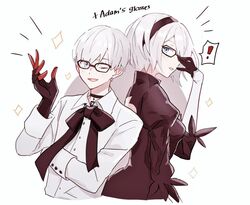  ! 1boy 2b_(nier:automata) 9s_(nier:automata) black-framed_eyewear black_bow black_bowtie black_choker black_gloves black_hairband blue_eyes blush bow bowtie choker dinikee feather_trim female glasses gloves hairband medium_hair nier:automata nier_(series) one_eye_closed open_mouth parted_lips puffy_sleeves simple_background smile sparkle speech_bubble tongue upper_body white_background white_hair 