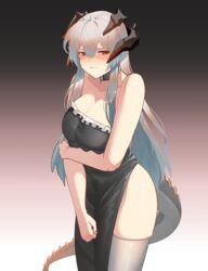  :t absurdres arknights bad_id bad_pixiv_id bare_arms bare_shoulders black_background black_choker black_dress breasts choker cleavage commentary_request cowboy_shot dress female gradient_background grey_hair grey_thighhighs highres horns large_breasts long_hair looking_at_viewer najashi red_eyes saria_(arknights) solo standing strapless strapless_dress tail thighhighs thighs very_long_hair 